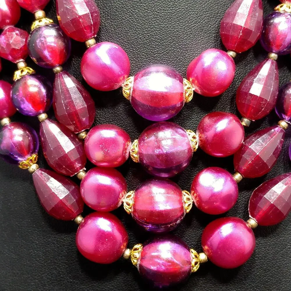West Germany Thermoset Red Beaded Necklace 4 Strand 1950s Vintage Jewelry